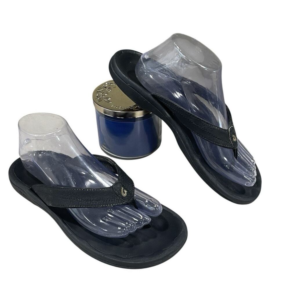 Olukai Ohana Black Slip-On Thongs Flip-Flops Sandals Shoes Women's Size 9 -Beach